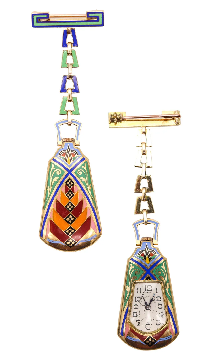 Gold lapel watch of 1925 photographed front and back, hanging from a chain of enamelled geometric links, the reverse showing a small rectangular dial