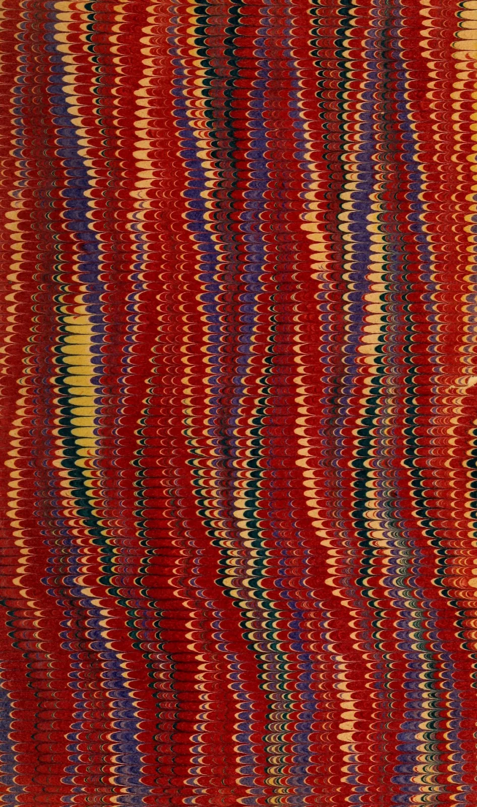 Marbled paper in vivid scarlet, yellow, blue and black, the colours drawn into narrow tightly repeating vertical waves