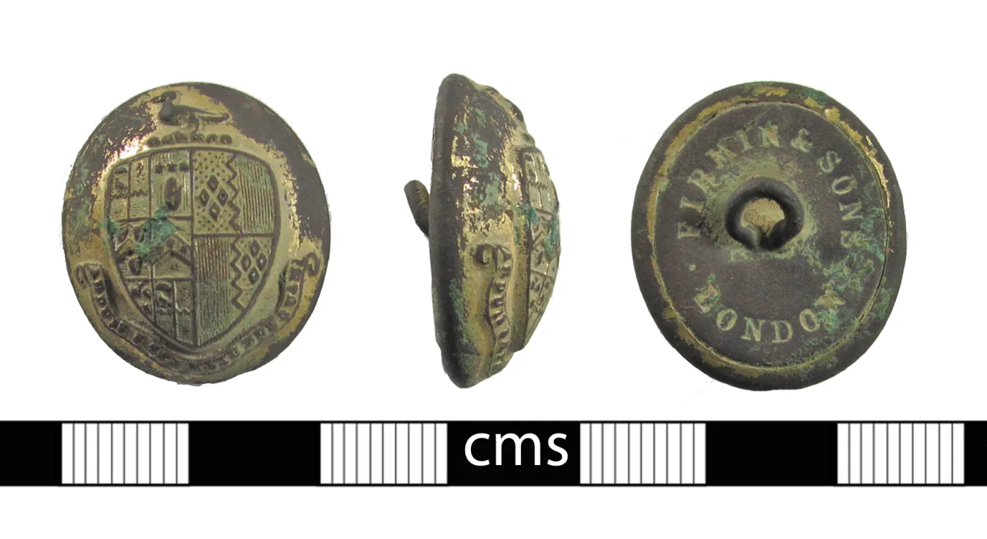 Three views of a copper-alloy livery button: the front with quartered heraldic arms inside a motto ring, the domed side profile, and the back reading FIRMIN AND SONS LONDON around a central loop shank