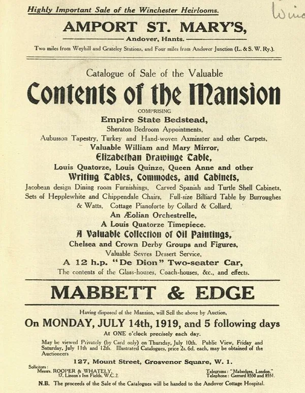 Printed cover of a 1919 auction catalogue headed Highly Important Sale of the Winchester Heirlooms, listing the contents of a mansion at Amport St Mary's, Andover