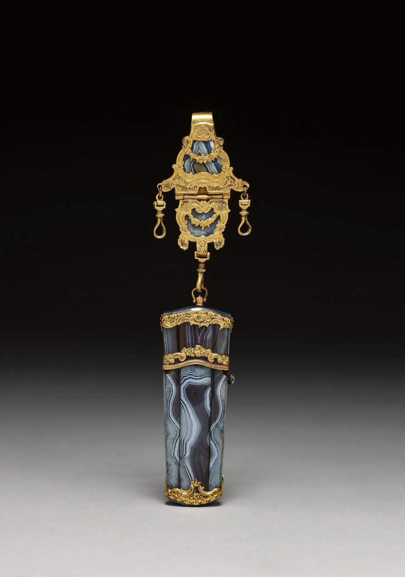 Gold-mounted banded agate chatelaine hook plate with a matching agate etui case hanging below it