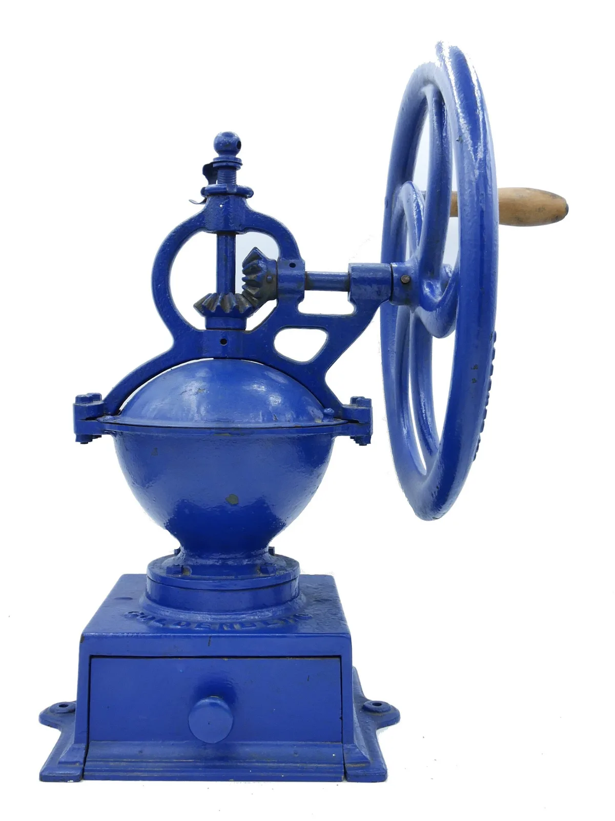 Large cast-iron commercial coffee mill painted bright blue, with a single spoked flywheel and turned wooden handle above a domed hopper on a square base