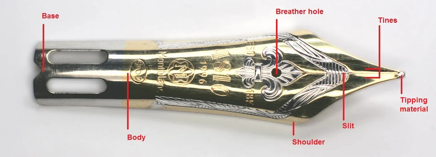 Close photograph of a gold fountain pen nib annotated with red lines and labels reading base, body, breather hole, shoulder, slit, tines and tipping material