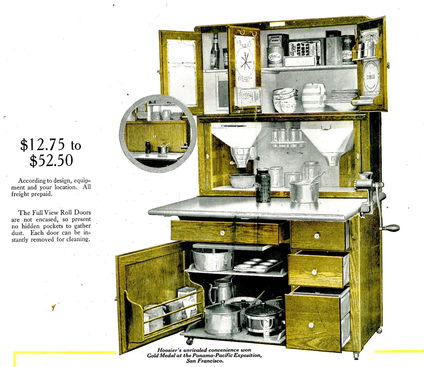Hand-tinted 1916 magazine advertisement showing a Hoosier cabinet fully open with twin sifter funnels, a glass canister set on a rail, a spice-can rack and printed cards mounted inside the doors, and price text reading twelve dollars seventy-five to fifty-two dollars fifty