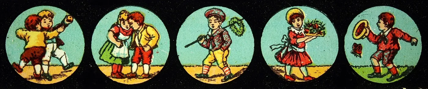 Long horizontal strip of dark wood holding five circular hand-painted images in a row, each showing a child in bright costume in a different pose against a pale green ground