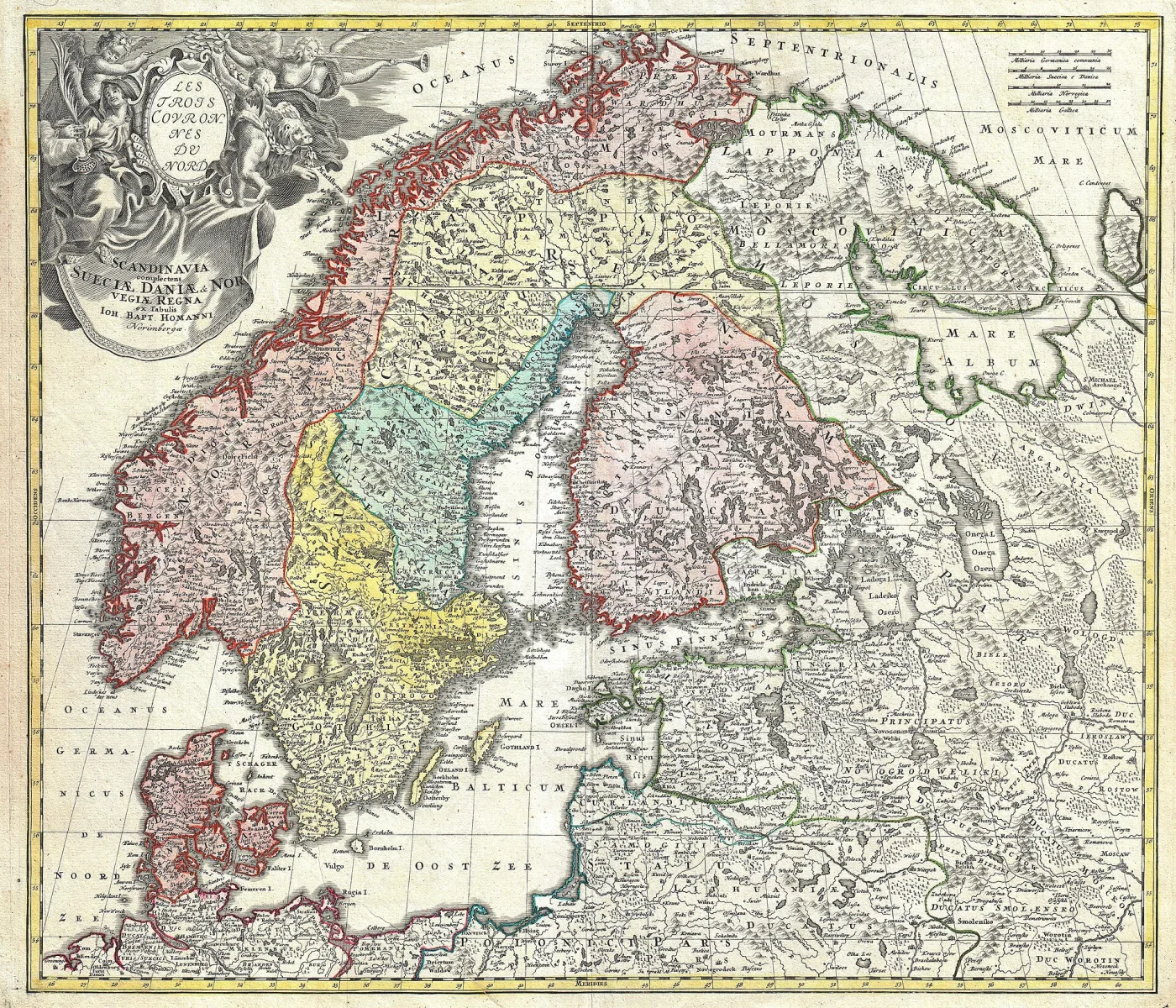 Engraved map of Scandinavia on cream paper, the coastlines and provincial borders washed in pink, green and yellow, with a decorated title cartouche in the upper left corner and dense hatched sea