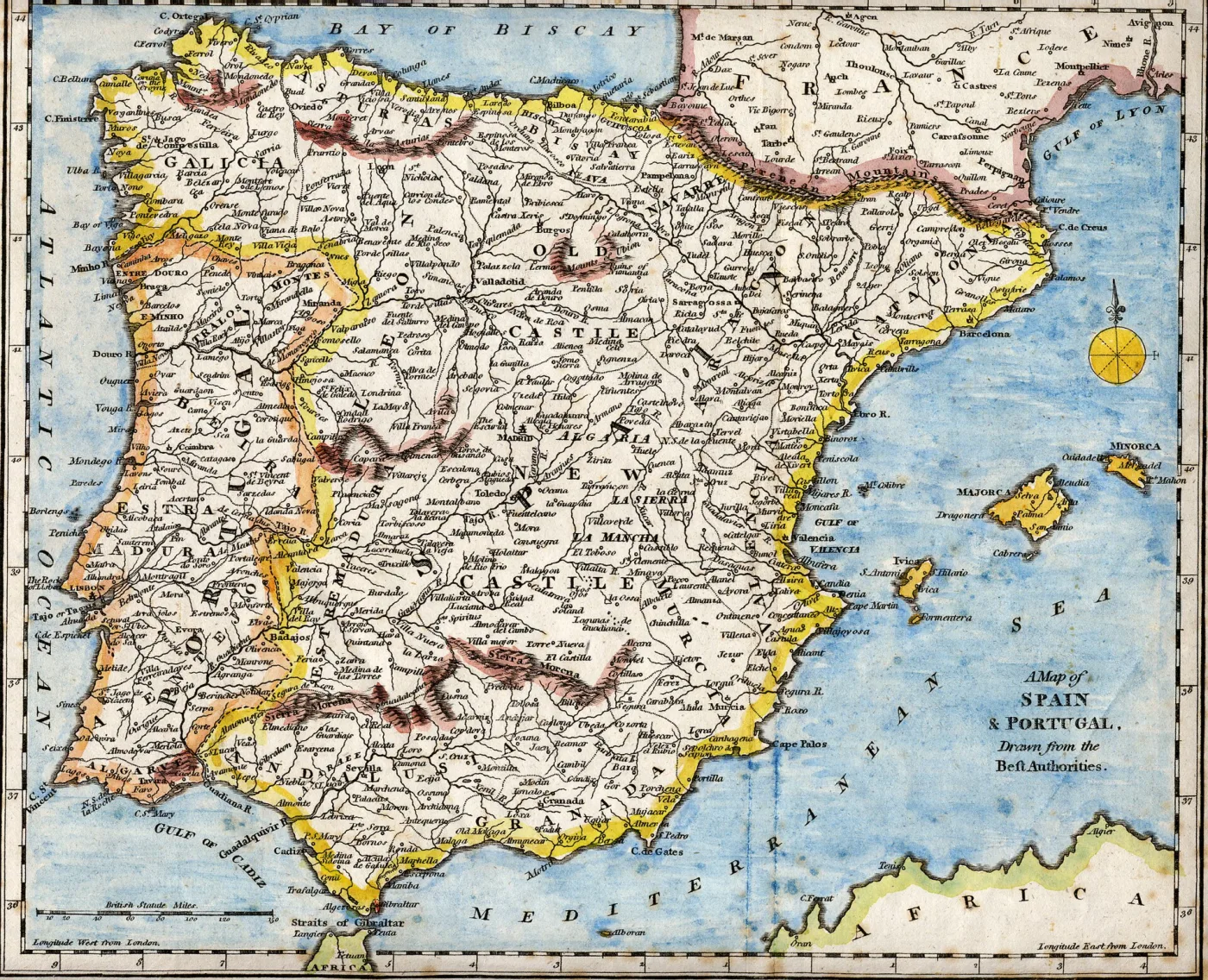 Engraved map of Spain and Portugal with the land left plain, the provincial boundaries traced in strong yellow, orange and pink, and the surrounding sea washed in flat bright blue