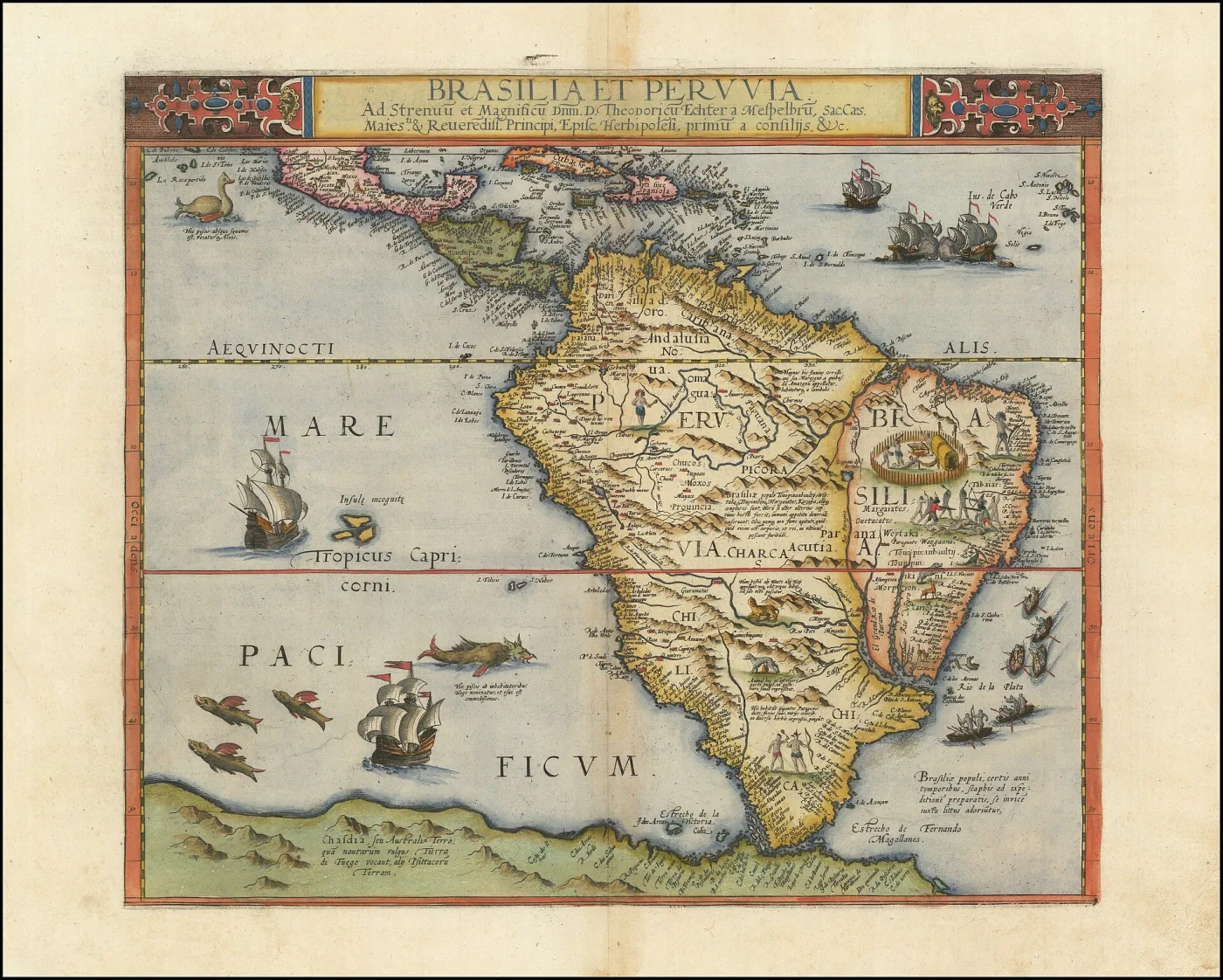 Engraved map of South America with a decorative title banner at the top, sailing ships and sea monsters drawn in the ocean, the coastline outlined in red and orange wash on aged cream paper