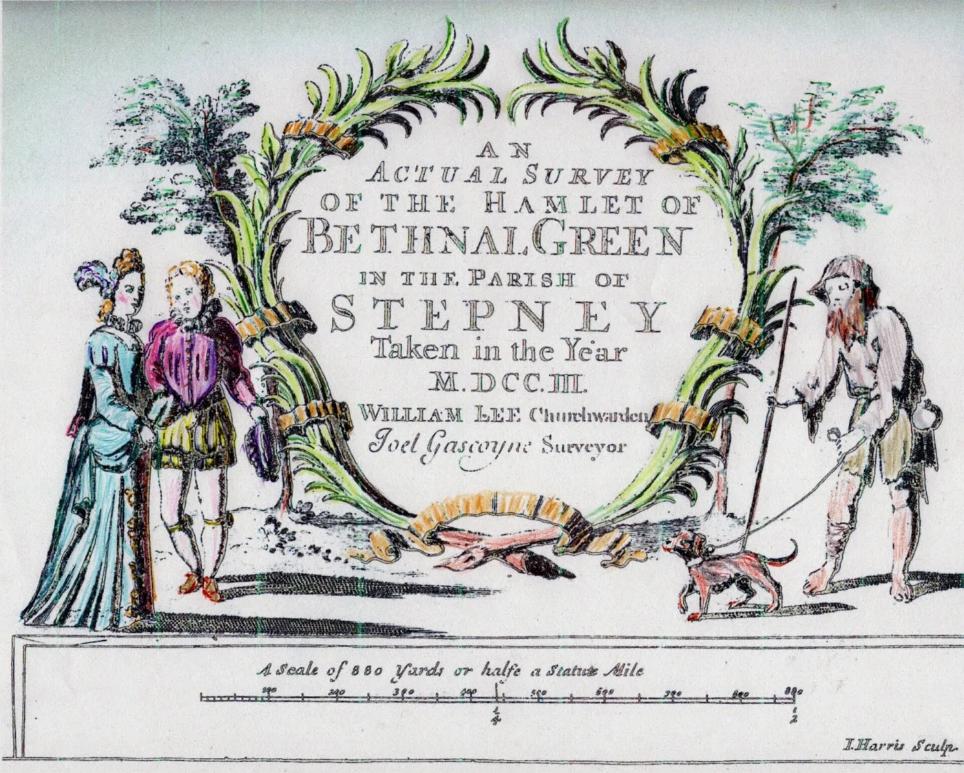 Engraved cartouche showing two figures in period dress and a huntsman with dogs flanking a panel lettered An Actual Survey of the Hamlet of Bethnal Green, dated 1703, above an engraved scale bar