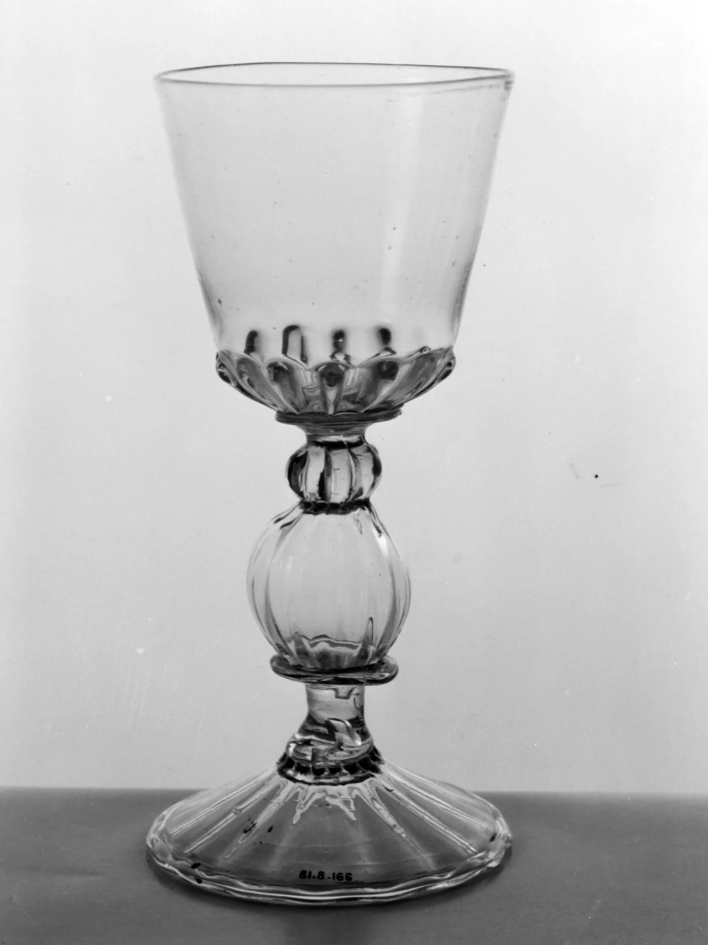 Late 17th-century goblet with a hollow knopped stem above a wide folded foot