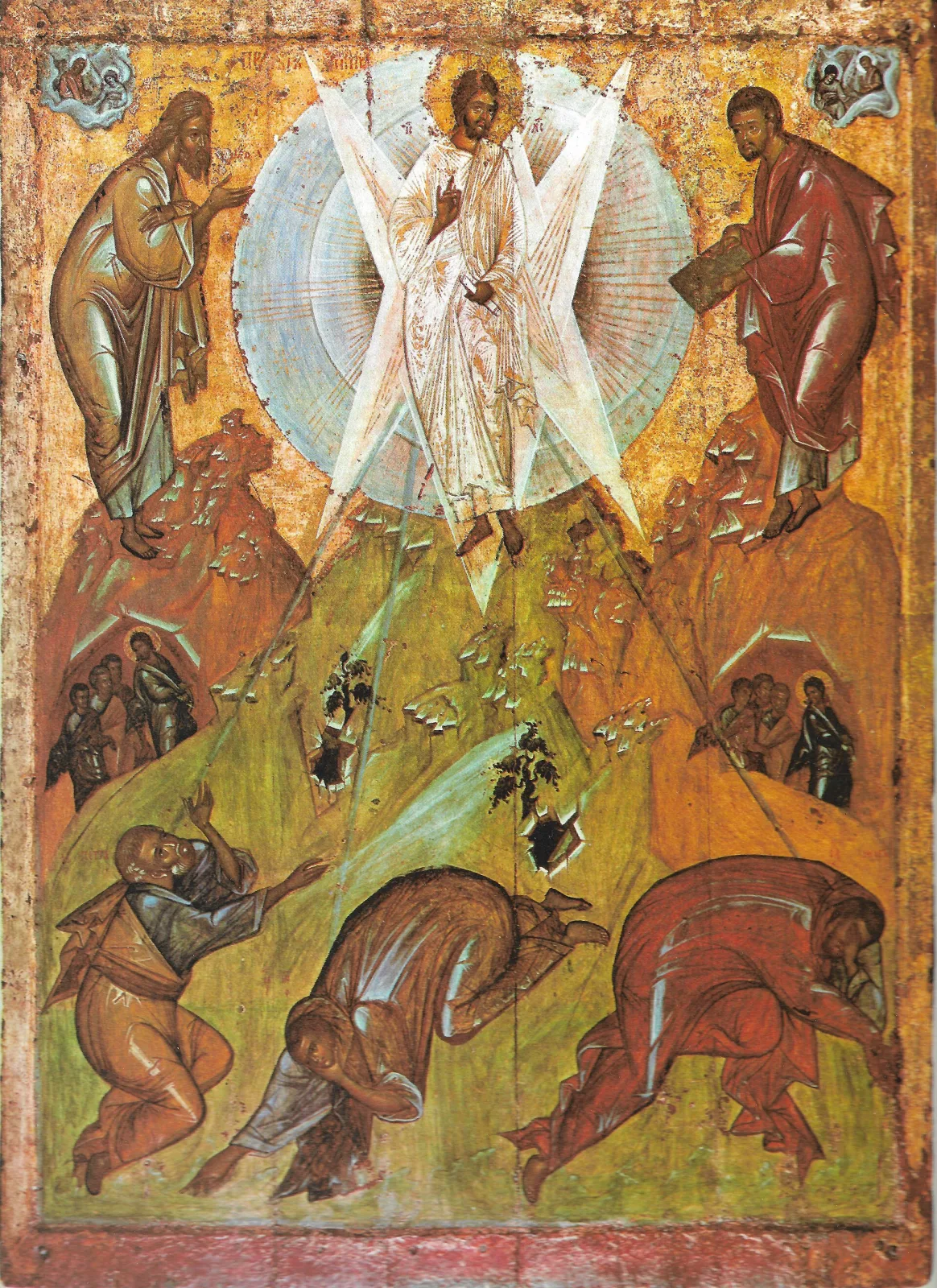 Icon of the Transfiguration showing Christ in white robes within a pale mandorla on a mountain, flanked by two prophets, with three apostles tumbling on the rocks below