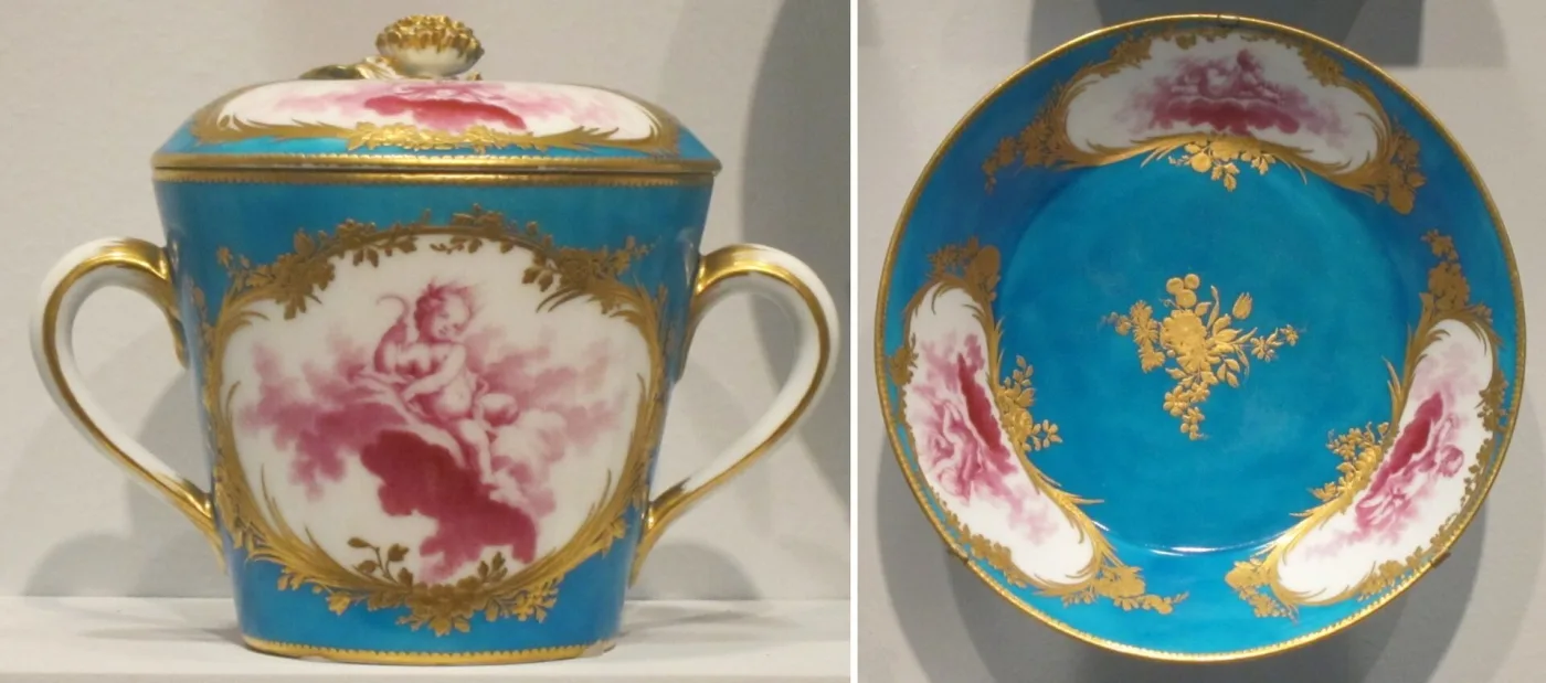 Vincennes covered two-handled cup and its saucer, turquoise ground with pink monochrome cupid panels in gilt frames