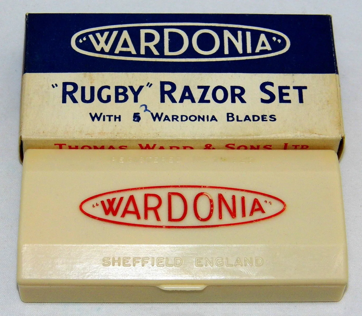 Boxed safety razor set with a printed card lid reading Wardonia Rugby Razor Set with five Wardonia blades, Thomas Ward and Sons Ltd, Sheffield England