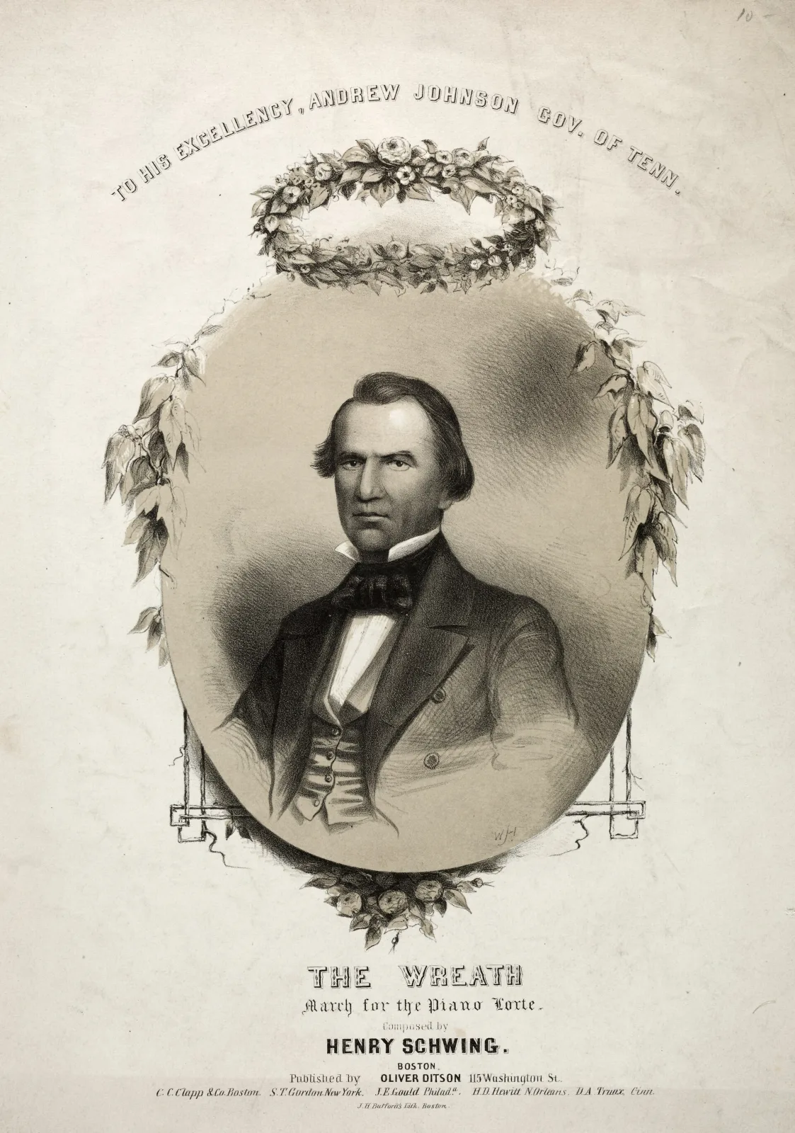 Sheet music cover lithographed in black and white with an oval portrait of a man in a bow tie inside a laurel wreath, titled The Wreath