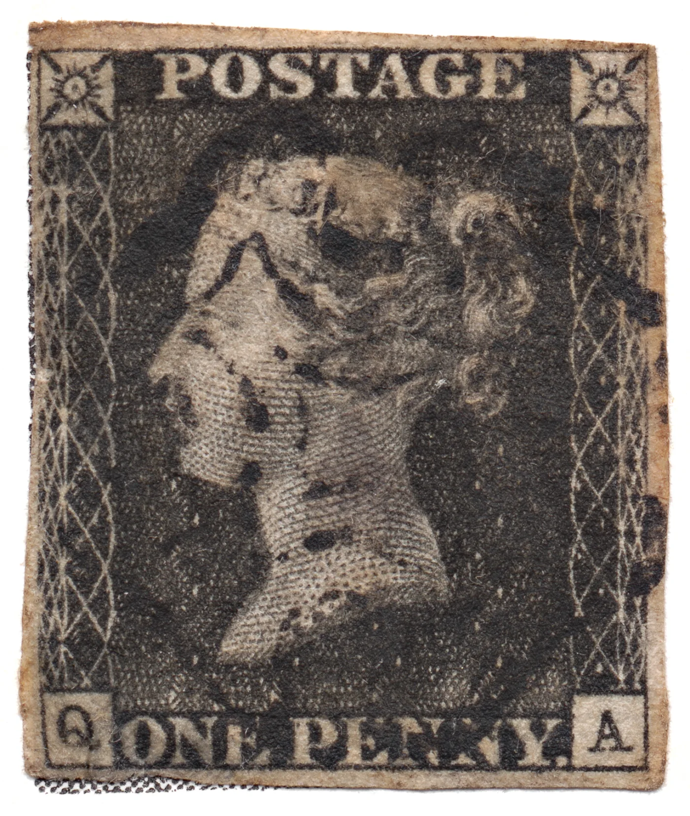 Used Penny Black with straight cut edges, uneven margins and a heavy black cancellation across the Queen's portrait