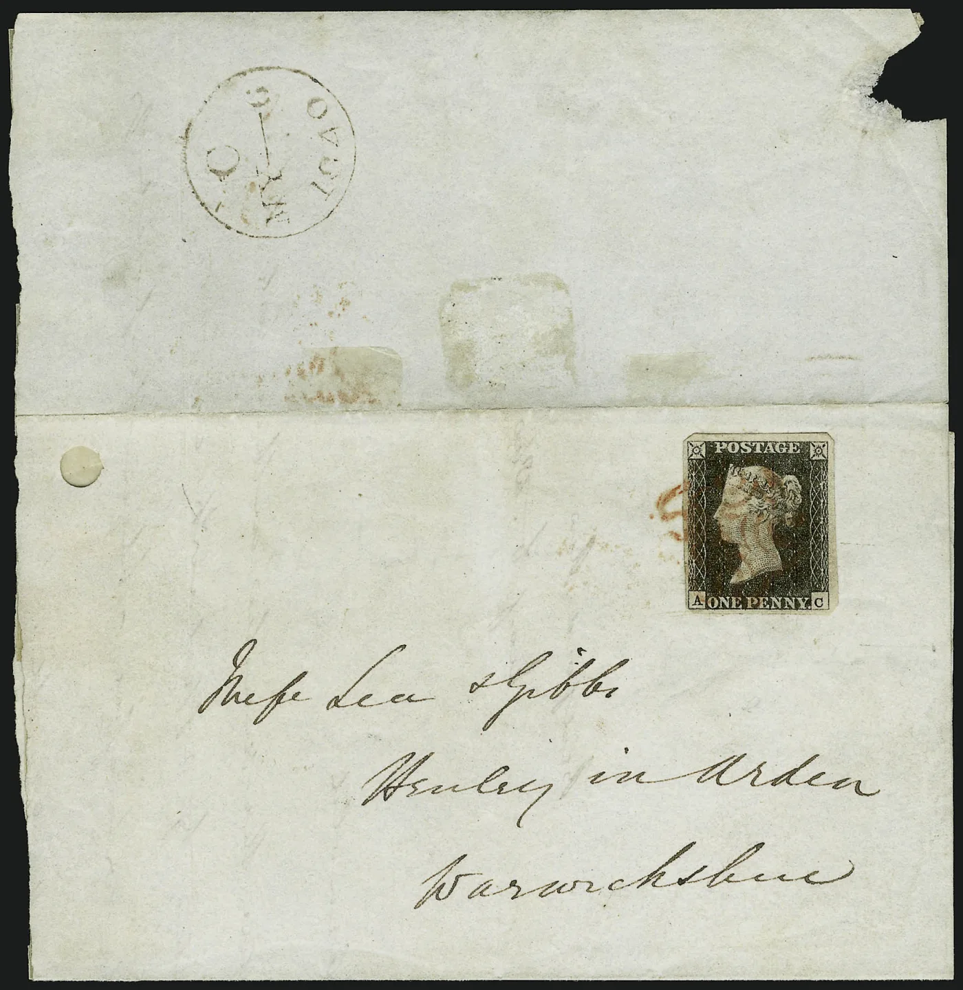 Penny Black on a folded letter sheet addressed in ink to Henley-in-Arden, Warwickshire, with a red cross-shaped cancellation on the stamp and a circular datestamp above the fold