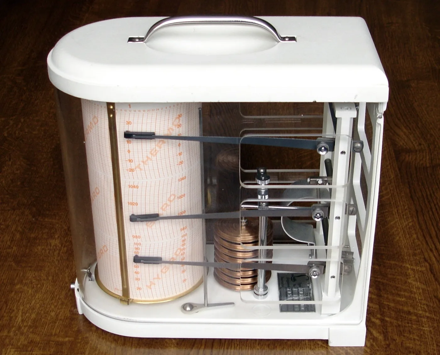 A baro-thermo-hygrograph in a white case with a glass cover, showing a paper-covered chart drum, three inked pen arms, a stack of copper aneroid capsules and a bundle of tensioned hairs