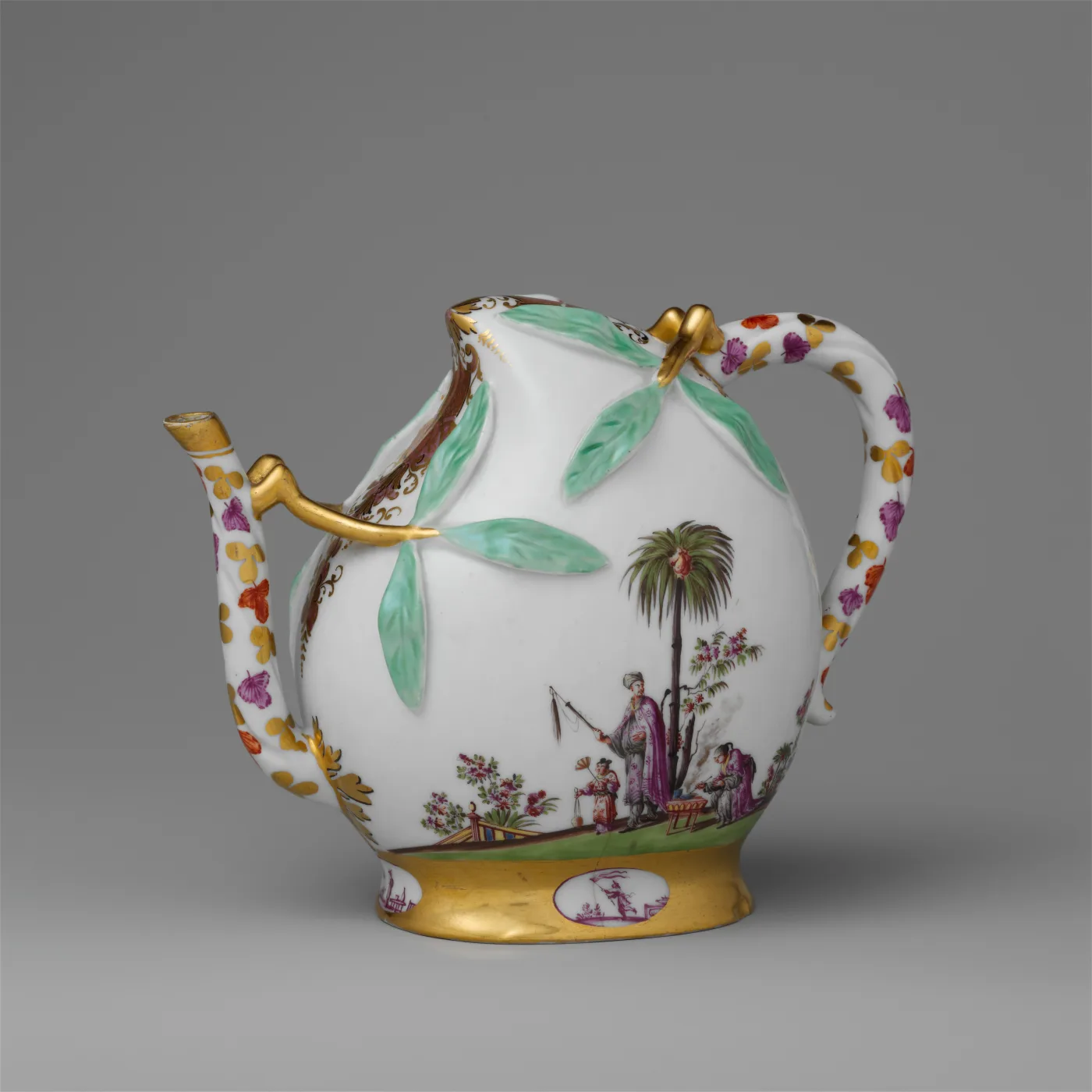 Meissen wine pot modelled as a peach with applied leaves and blossom, of cadogan type with no lid