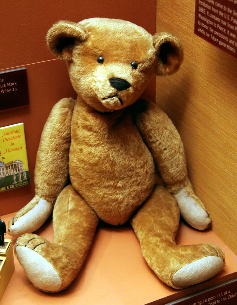 Golden mohair jointed teddy bear of 1903 sitting in a museum case, with large pale felt paw pads, small black eyes and a stitched nose, beside an interpretive label