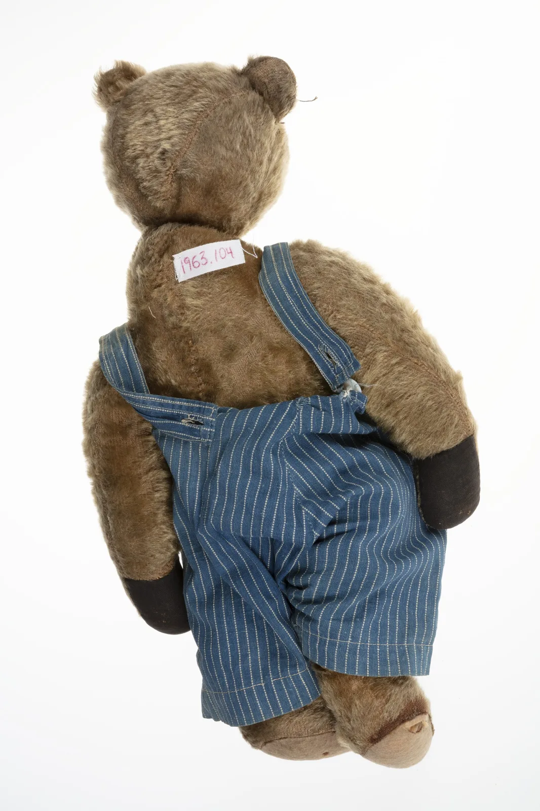 Rear view of the same overalled teddy bear, showing the back of the striped overalls, dark replacement pads on the feet and one paw, and a small printed accession label pinned between the shoulders
