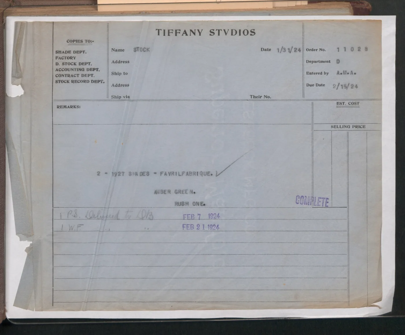 Printed Tiffany Studios order form pasted into a ledger, headed TIFFANY STVDIOS with ruled fields for name, address, order number, department and due date, filled in by hand