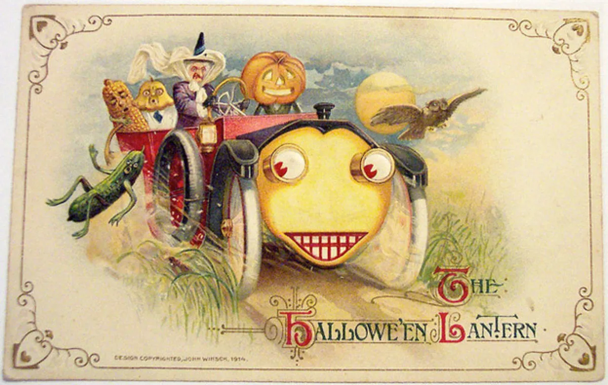 Halloween postcard of an open motor car whose radiator is a grinning jack-o'-lantern, driven by a witch with vegetable-headed passengers including a corn man and a pumpkin man, with a small printed copyright line reading Design Copyrighted John Winsch 1914 along the lower edge